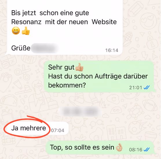WhatsApp-Nachricht eines zufriedenen Kunden von Lars Thielen Webdesign