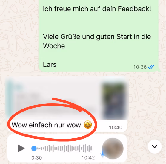 WhatsApp-Nachricht eines zufriedenen Kunden von Lars Thielen Webdesign