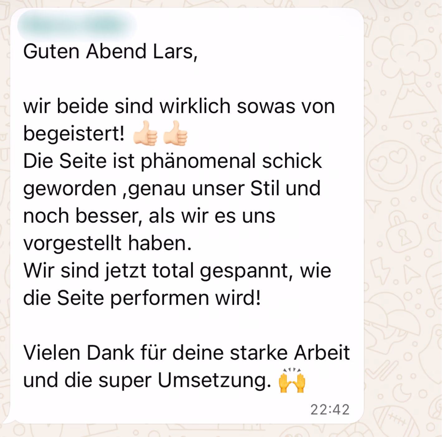 WhatsApp-Nachricht eines zufriedenen Kunden von Lars Thielen Webdesign