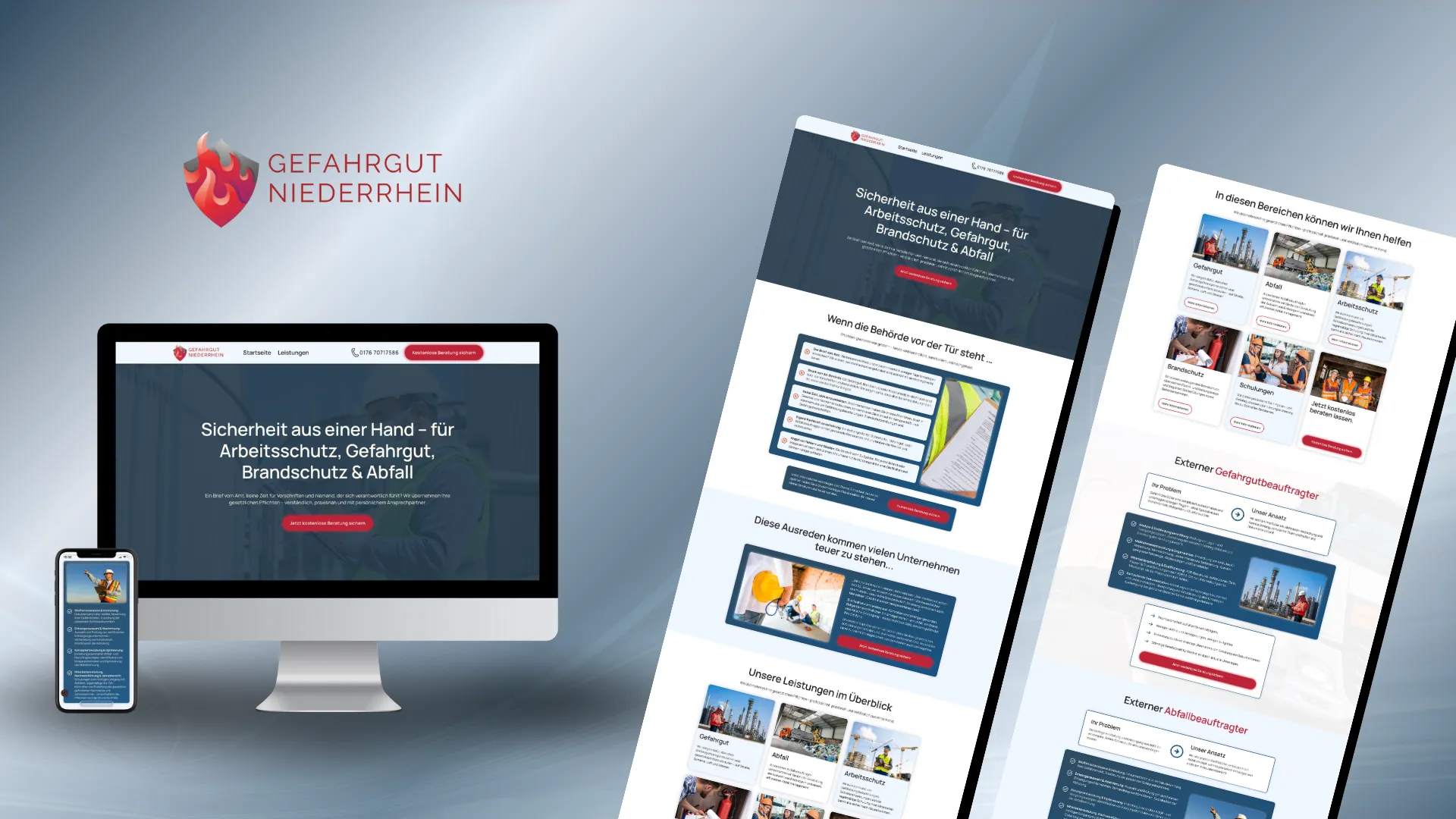 Website-Mockup der von Lars Thielen gestalteten Webseite für das Beratungsunternehmen Gefahrgut Niederrhein für Arbeitsschutz, Gefahrgut und Brandschutz