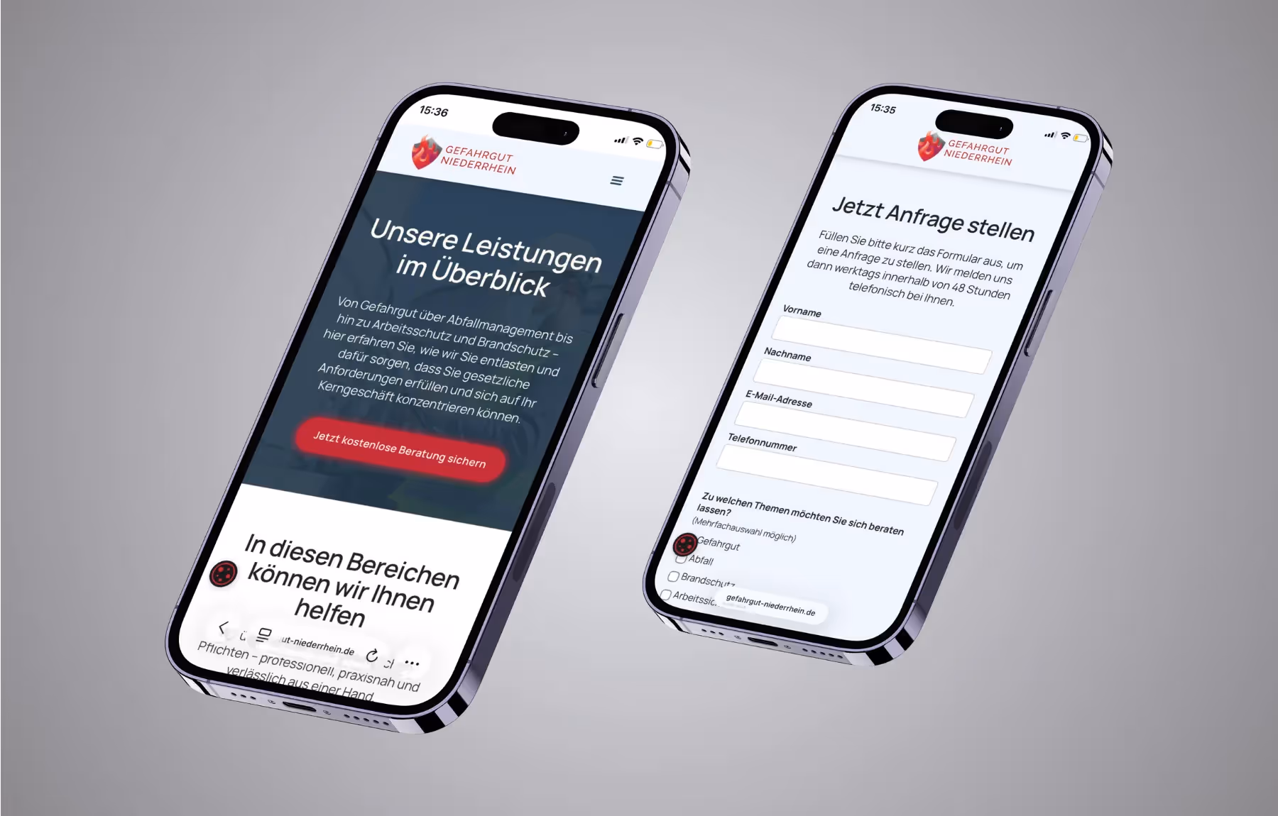 Screenshot der von Lars Thielen gestalteten Webseite f&uuml;r das Beratungsunternehmen Gefahrgut Niederrhein f&uuml;r Arbeitsschutz, Gefahrgut und Brandschutz, Ansicht aus dem Bereich &bdquo;Das Ergebnis&ldquo;