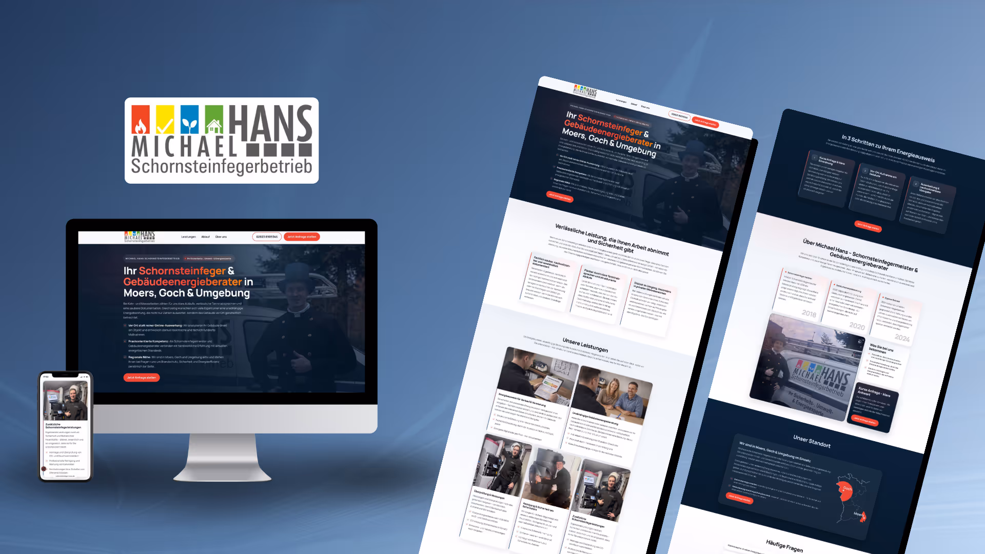 Website-Mockup der von Lars Thielen gestalteten Webseite f&uuml;r den Schornsteinfegerbetrieb und Geb&auml;udeenergieberater Michael Hans