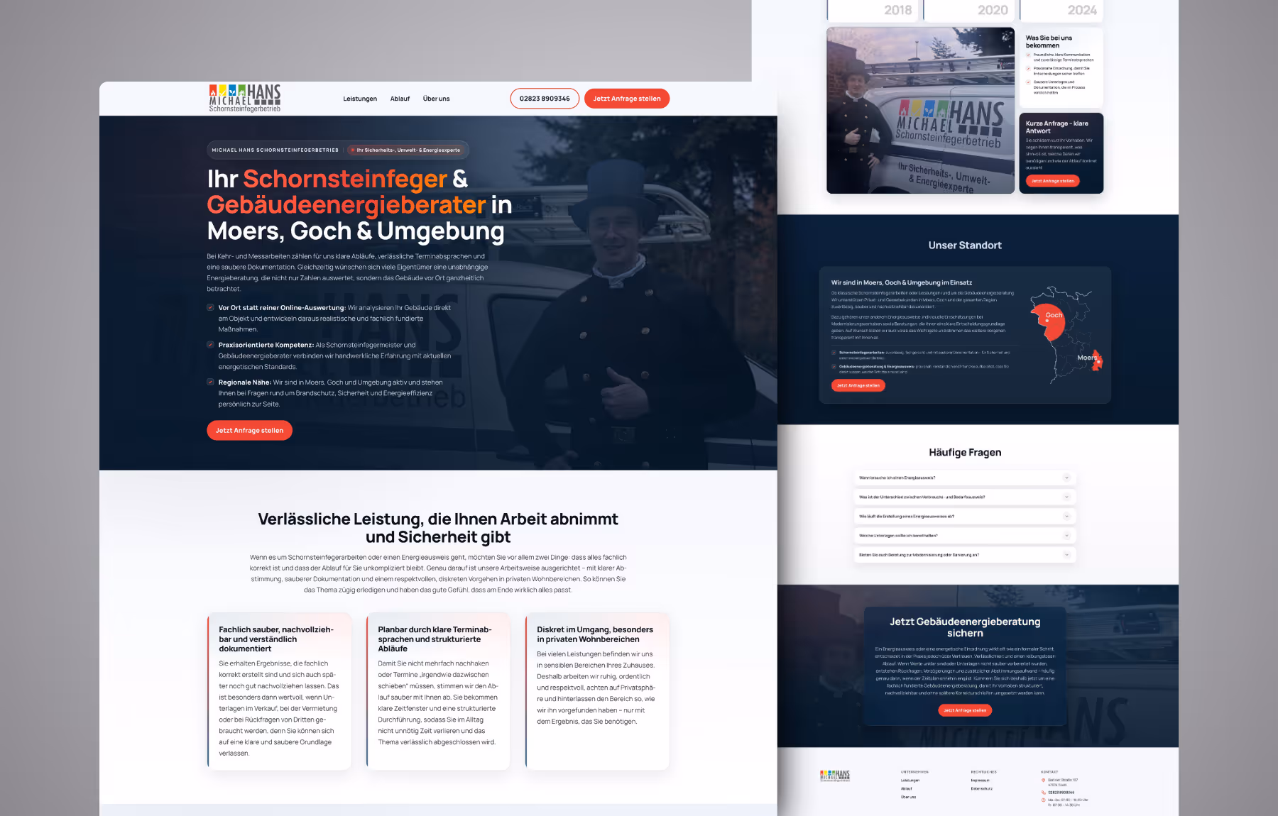 Screenshot der von Lars Thielen gestalteten Webseite f&uuml;r den Schornsteinfegerbetrieb und Geb&auml;udeenergieberater Michael Hans, Ansicht aus dem Bereich &bdquo;Das Ergebnis&ldquo;