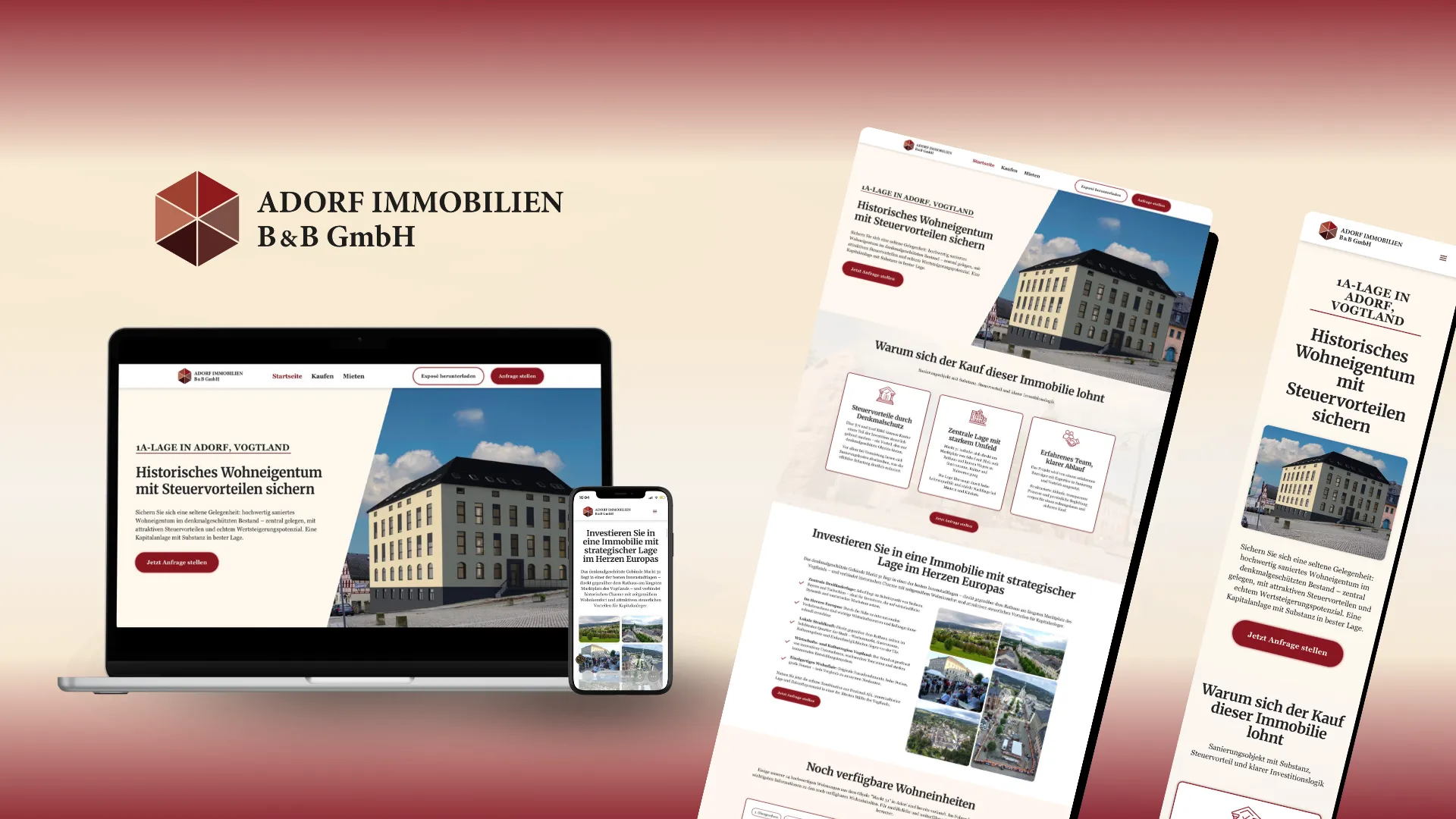 Website-Mockup der von Lars Thielen gestalteten Webseite f&uuml;r die Immobilienfirma Adorf B&B Immobilien mit denkmalgesch&uuml;tzten Kapitalanlagen
