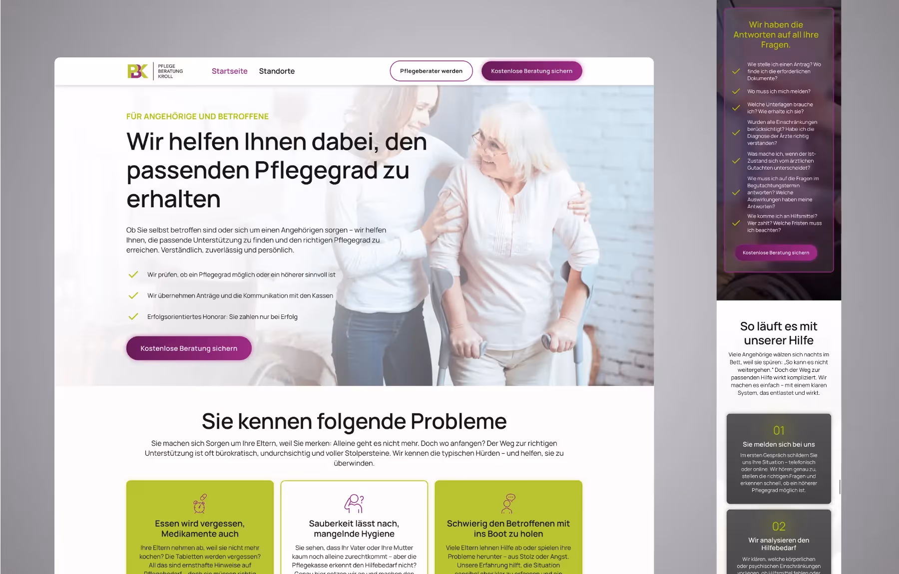 Screenshot der von Lars Thielen gestalteten Webseite f&uuml;r die Pflegeberatung Kroll, Ansicht aus dem Bereich &bdquo;Das Ziel&ldquo;