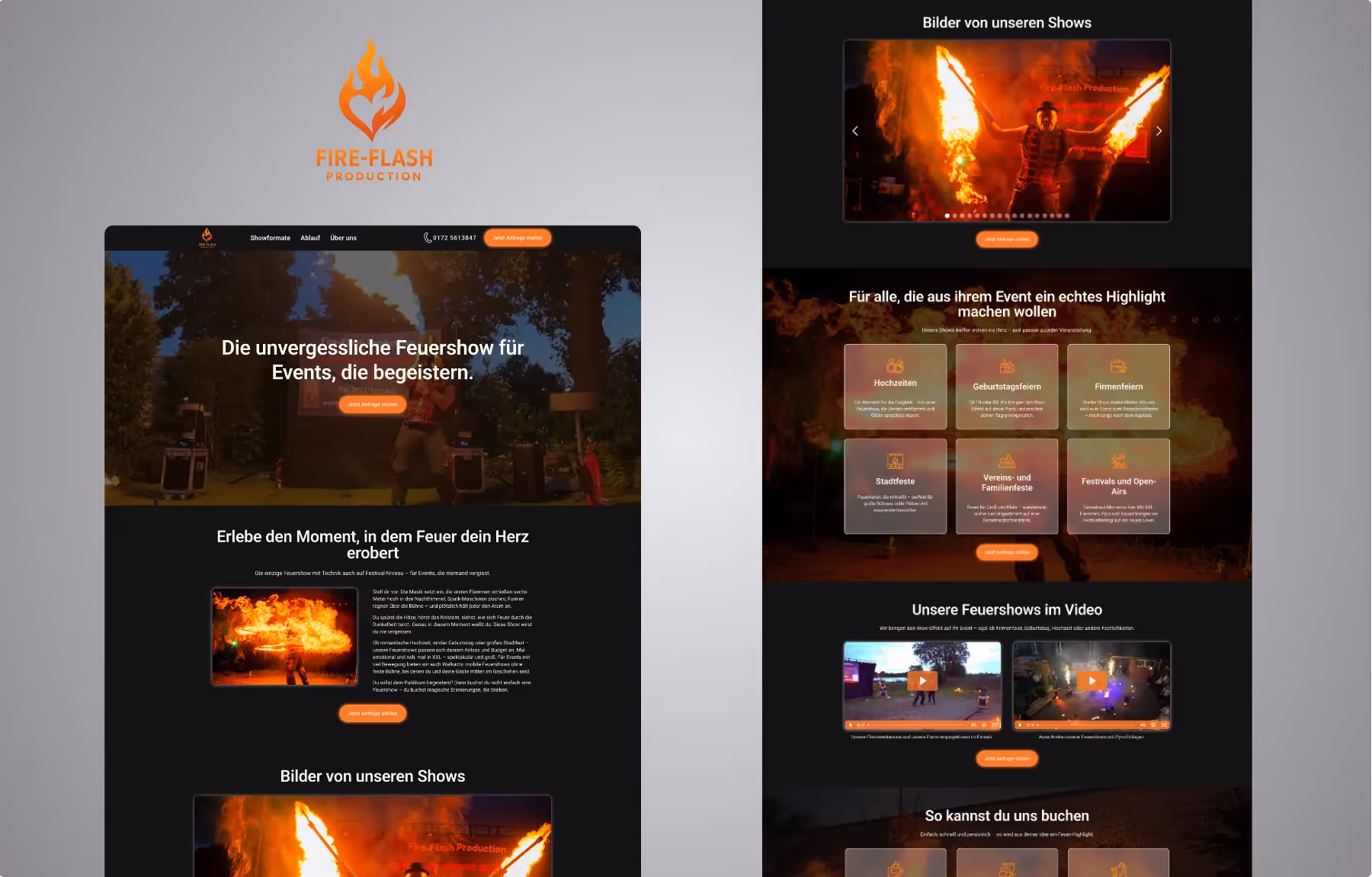 Screenshot der von Lars Thielen gestalteten Webseite f&uuml;r die Feuershow- und Eventk&uuml;nstler von Fire-Flash Production