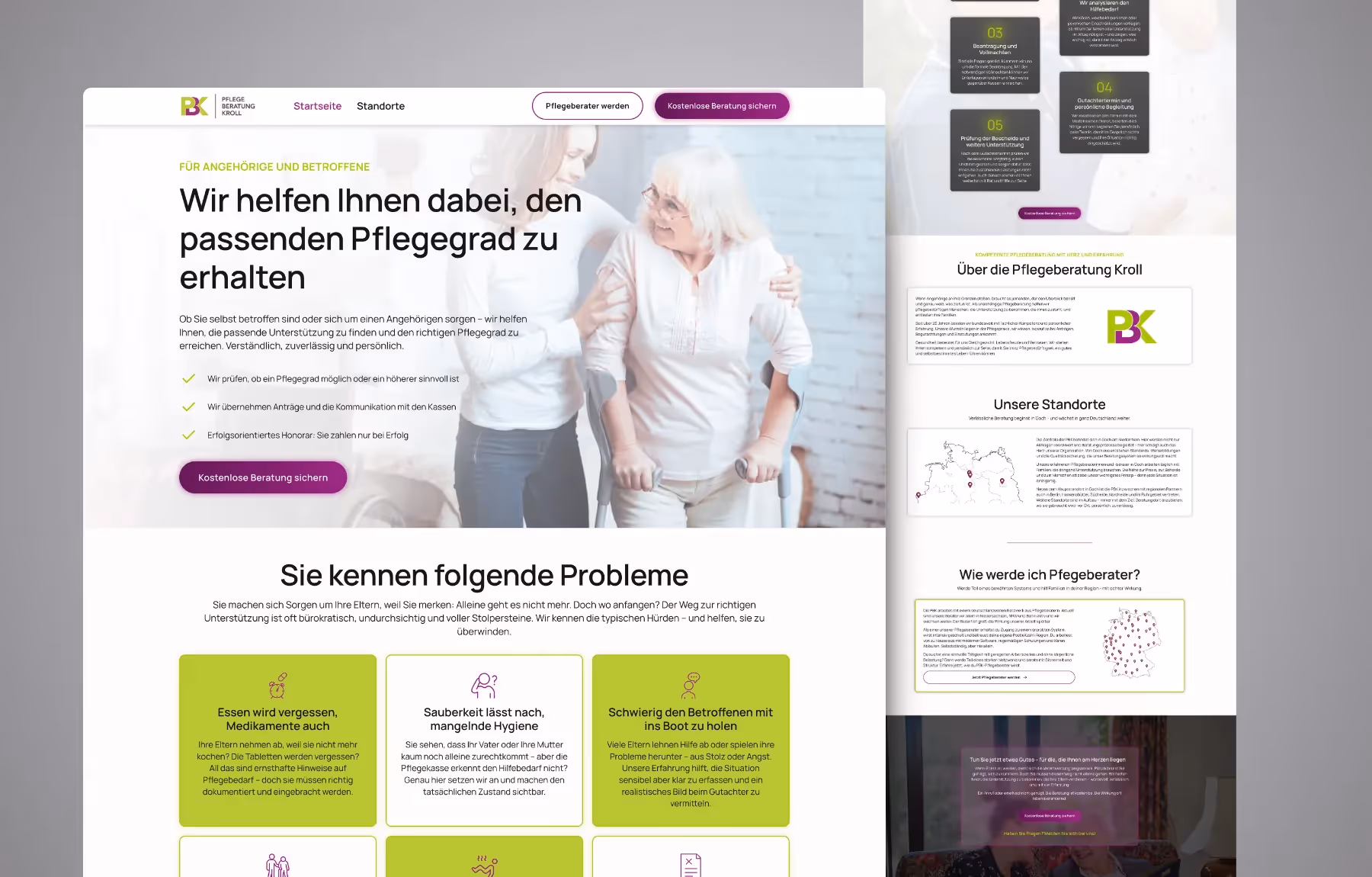 Screenshot der von Lars Thielen gestalteten Webseite f&uuml;r die Pflegeberatung Kroll, Ansicht aus dem Bereich &bdquo;Das gr&ouml;&szlig;te Problem&ldquo;