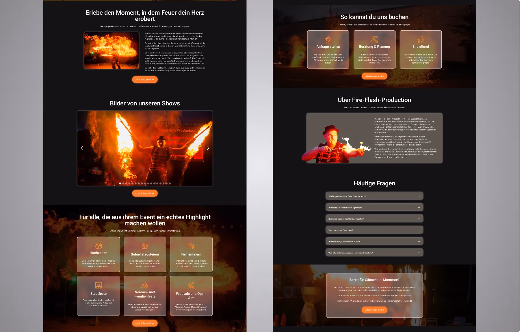 Screenshot der von Lars Thielen gestalteten Webseite f&uuml;r die Feuershow- und Eventk&uuml;nstler von Fire-Flash Production, Ansicht aus dem Bereich &bdquo;Das Ziel&ldquo;
