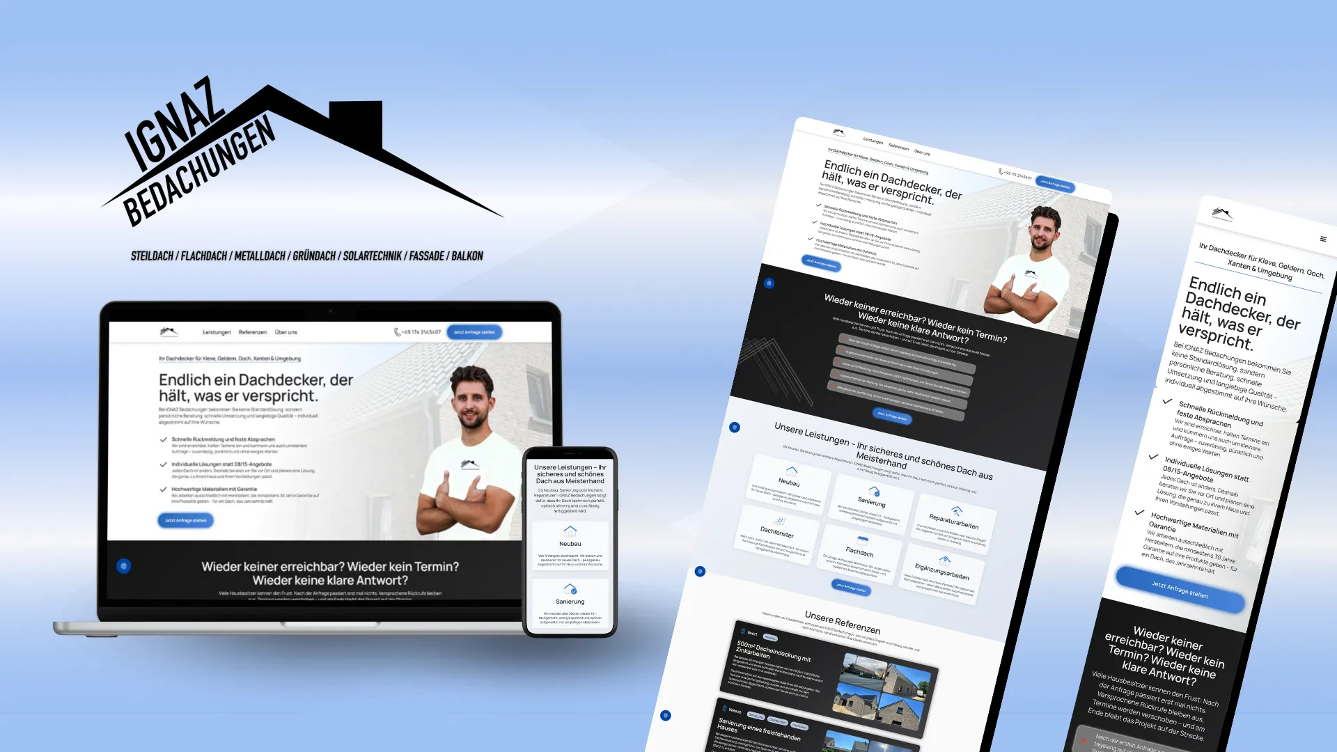 Website-Mockup der von Lars Thielen gestalteten Webseite f&uuml;r den Dachdeckerbetrieb IGNAZ Bedachungen