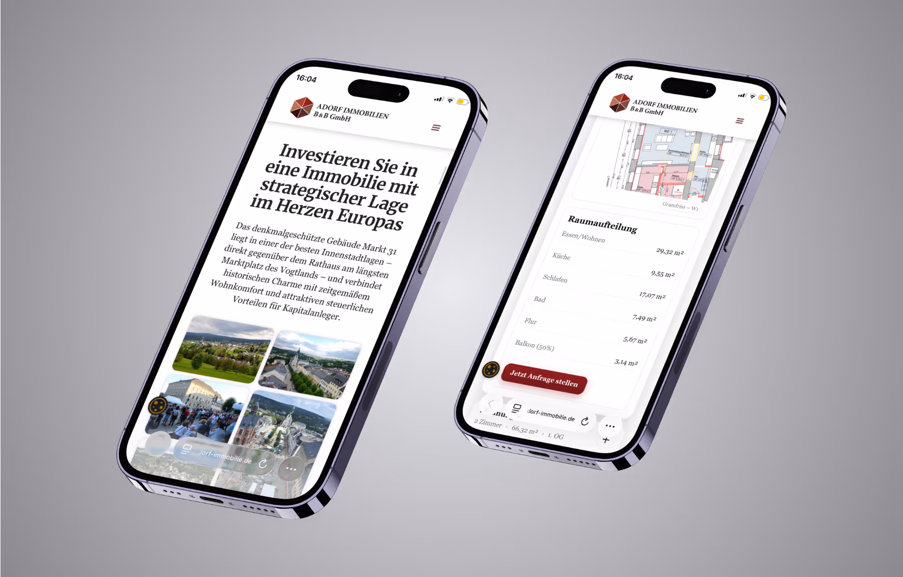 Screenshot der von Lars Thielen gestalteten Webseite f&uuml;r die Immobilienfirma Adorf B&B Immobilien mit denkmalgesch&uuml;tzten Kapitalanlagen, Ansicht aus dem Bereich &bdquo;Das Ziel&ldquo;