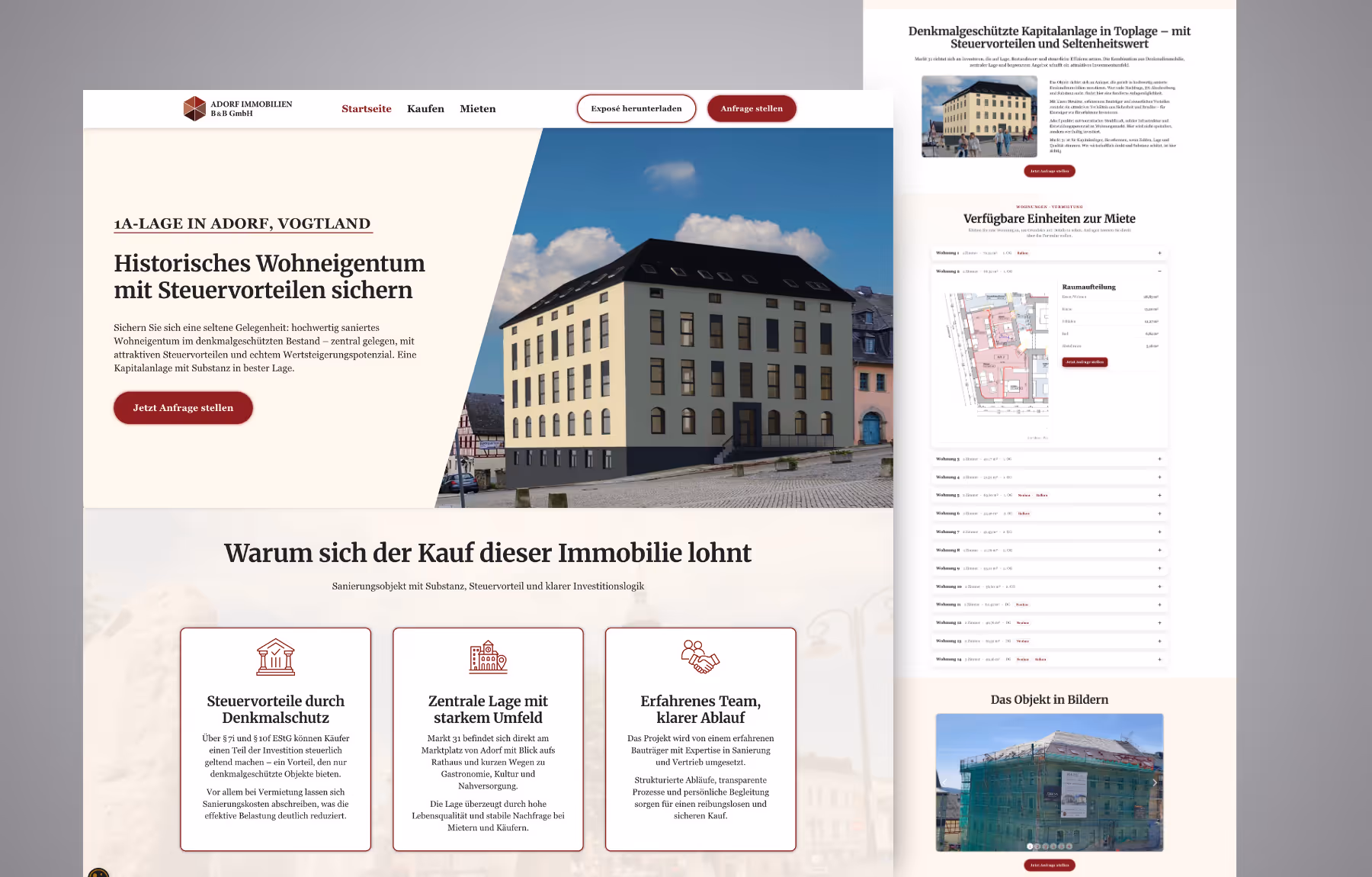 Screenshot der von Lars Thielen gestalteten Webseite f&uuml;r die Immobilienfirma Adorf B&B Immobilien mit denkmalgesch&uuml;tzten Kapitalanlagen, Ansicht aus dem Bereich &bdquo;Das Ergebnis&ldquo;