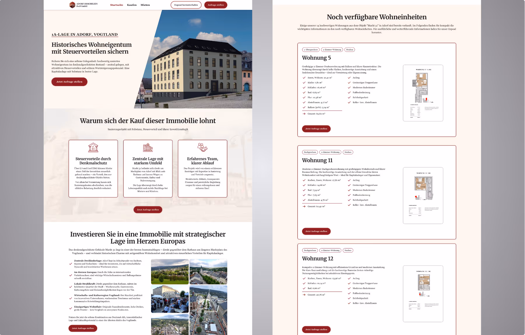 Screenshot der von Lars Thielen gestalteten Webseite f&uuml;r die Immobilienfirma Adorf B&B Immobilien mit denkmalgesch&uuml;tzten Kapitalanlagen, Ansicht aus dem Bereich &bdquo;Das gr&ouml;&szlig;te Problem&ldquo;