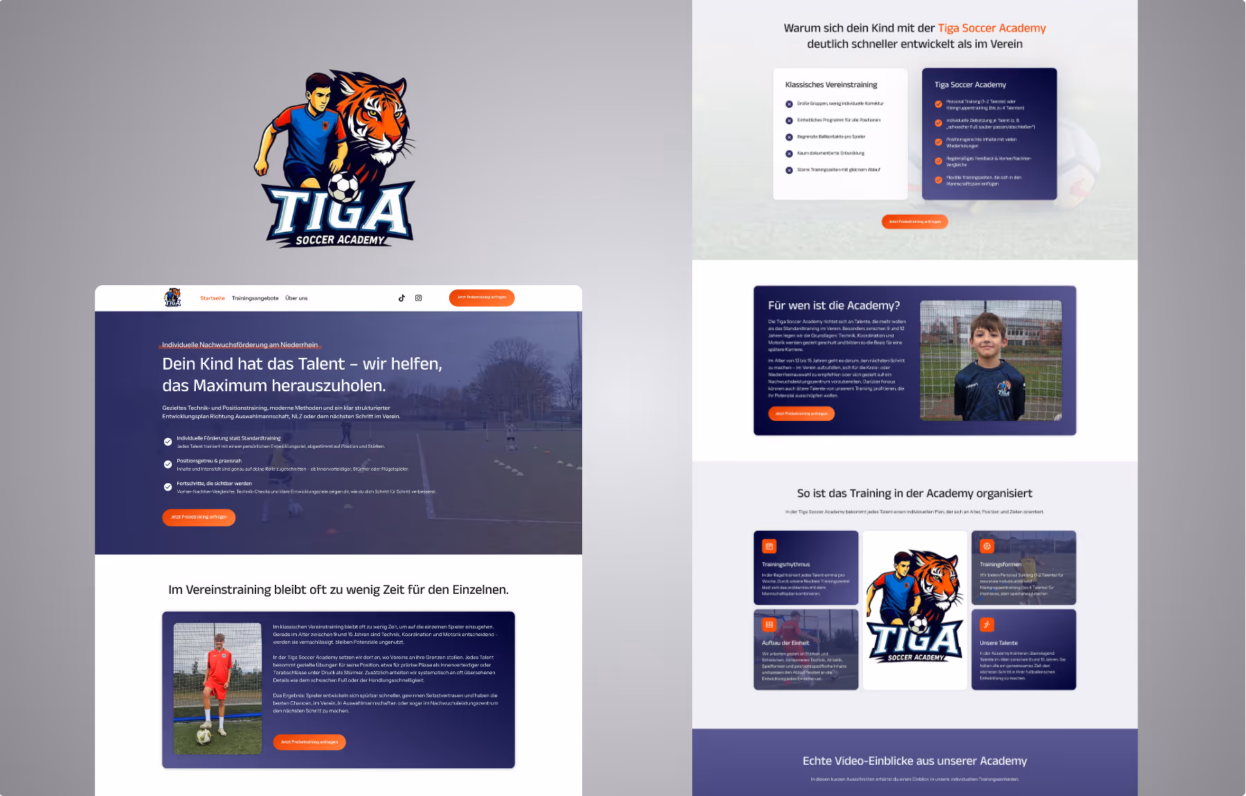 Screenshot der von Lars Thielen gestalteten Webseite f&uuml;r die Fu&szlig;ballschule Tiga Soccer Academy, Ansicht aus dem Bereich &bdquo;Das Ergebnis&ldquo;