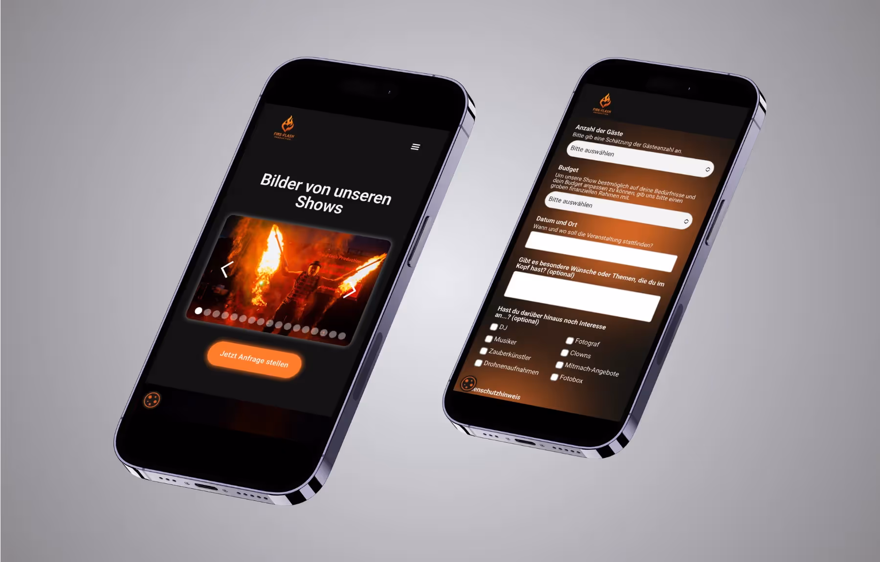 Screenshot der von Lars Thielen gestalteten Webseite f&uuml;r die Feuershow- und Eventk&uuml;nstler von Fire-Flash Production, Ansicht aus dem Bereich &bdquo;Das Ergebnis&ldquo;