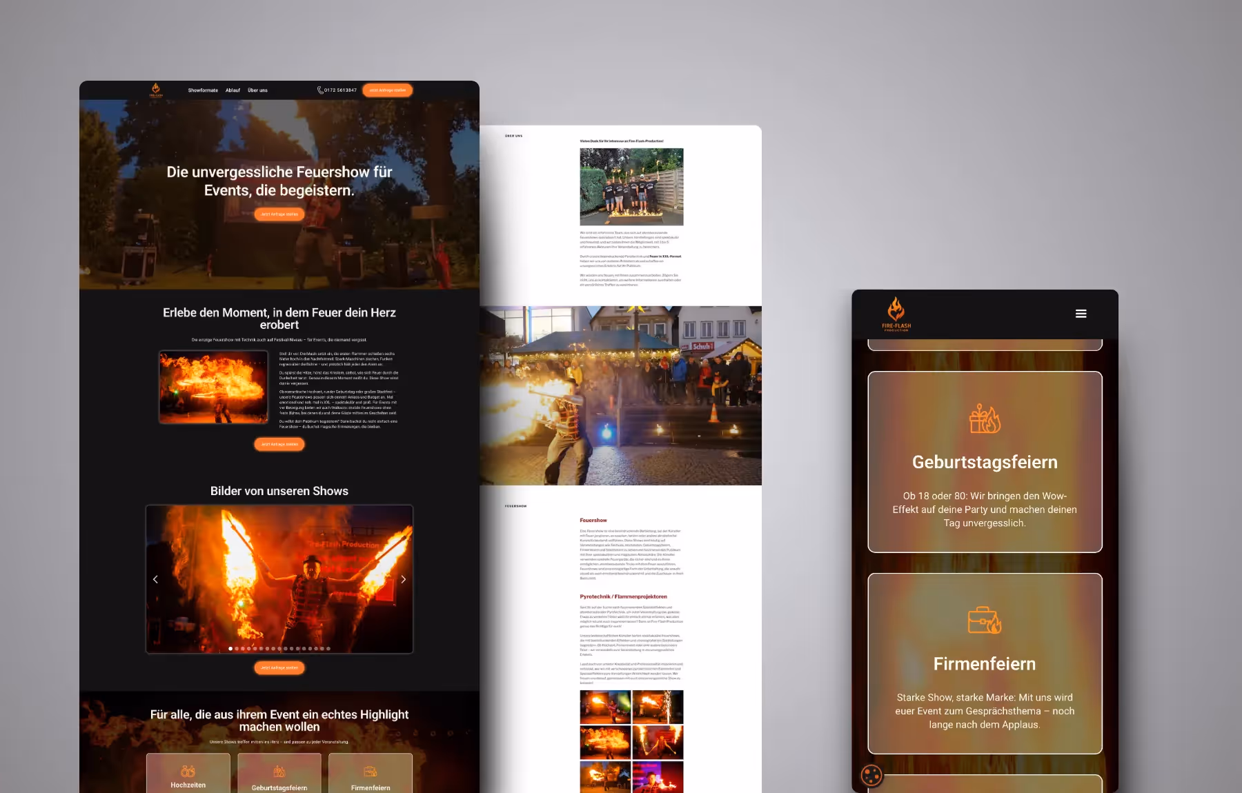 Screenshot der von Lars Thielen gestalteten Webseite f&uuml;r die Feuershow- und Eventk&uuml;nstler von Fire-Flash Production, Ansicht aus dem Bereich &bdquo;Die Ausgangssituation&ldquo;