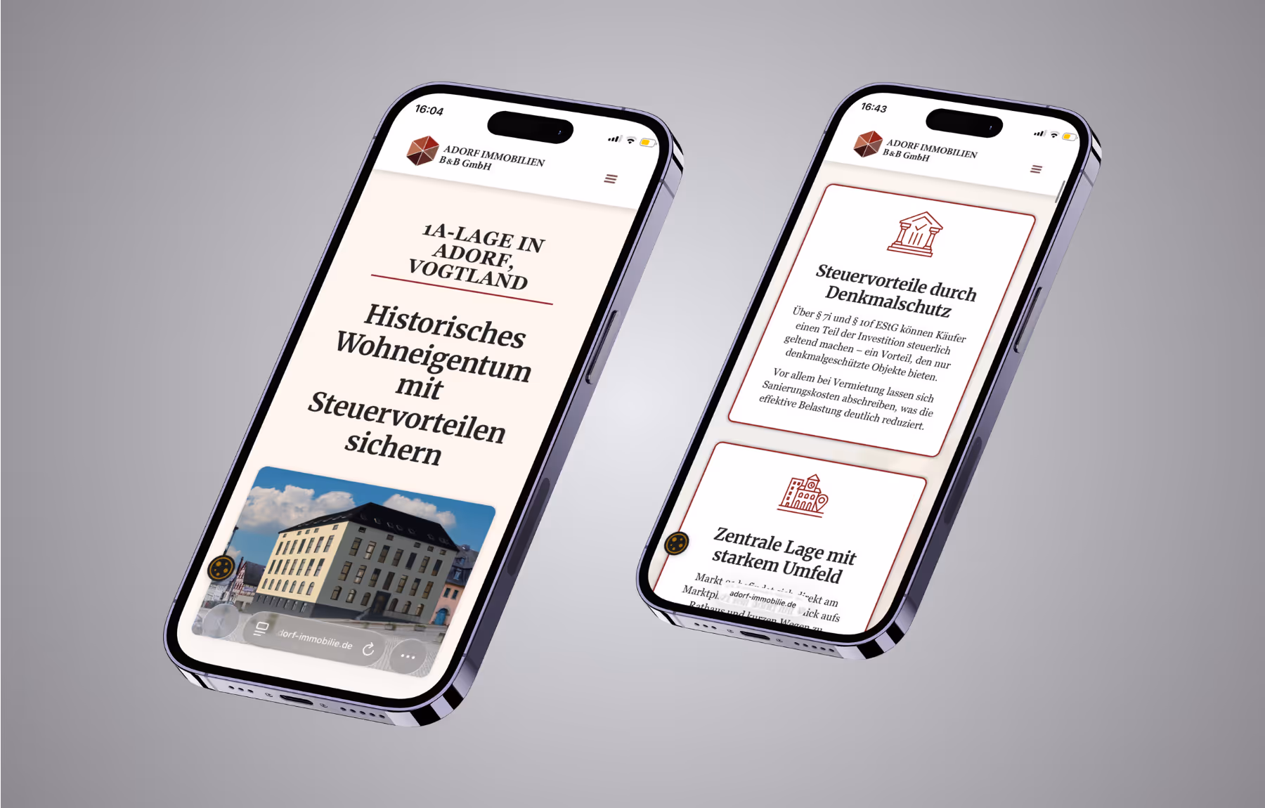 Screenshot der von Lars Thielen gestalteten Webseite f&uuml;r die Immobilienfirma Adorf B&B Immobilien mit denkmalgesch&uuml;tzten Kapitalanlagen, Ansicht aus dem Bereich &bdquo;Die Ausgangssituation&ldquo;