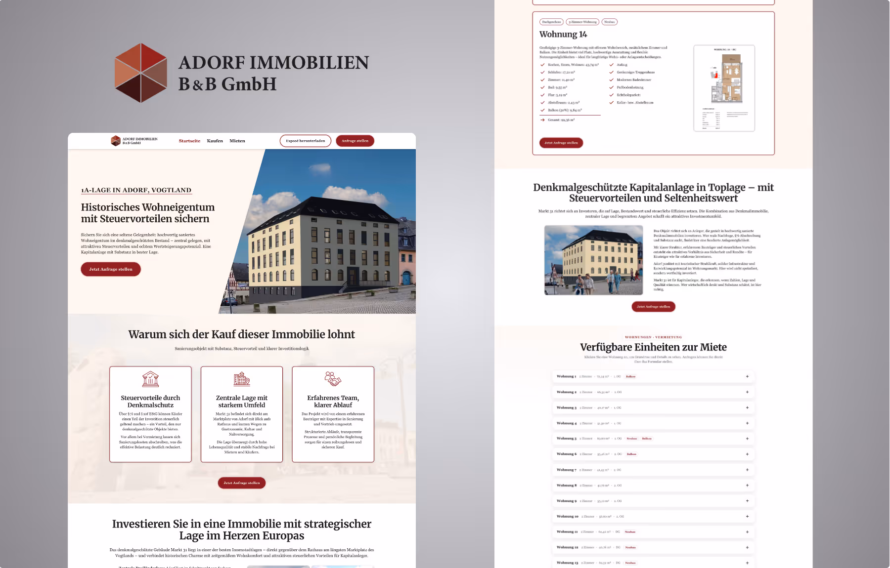 Screenshot der von Lars Thielen gestalteten Webseite f&uuml;r die Immobilienfirma Adorf B&B Immobilien mit denkmalgesch&uuml;tzten Kapitalanlagen