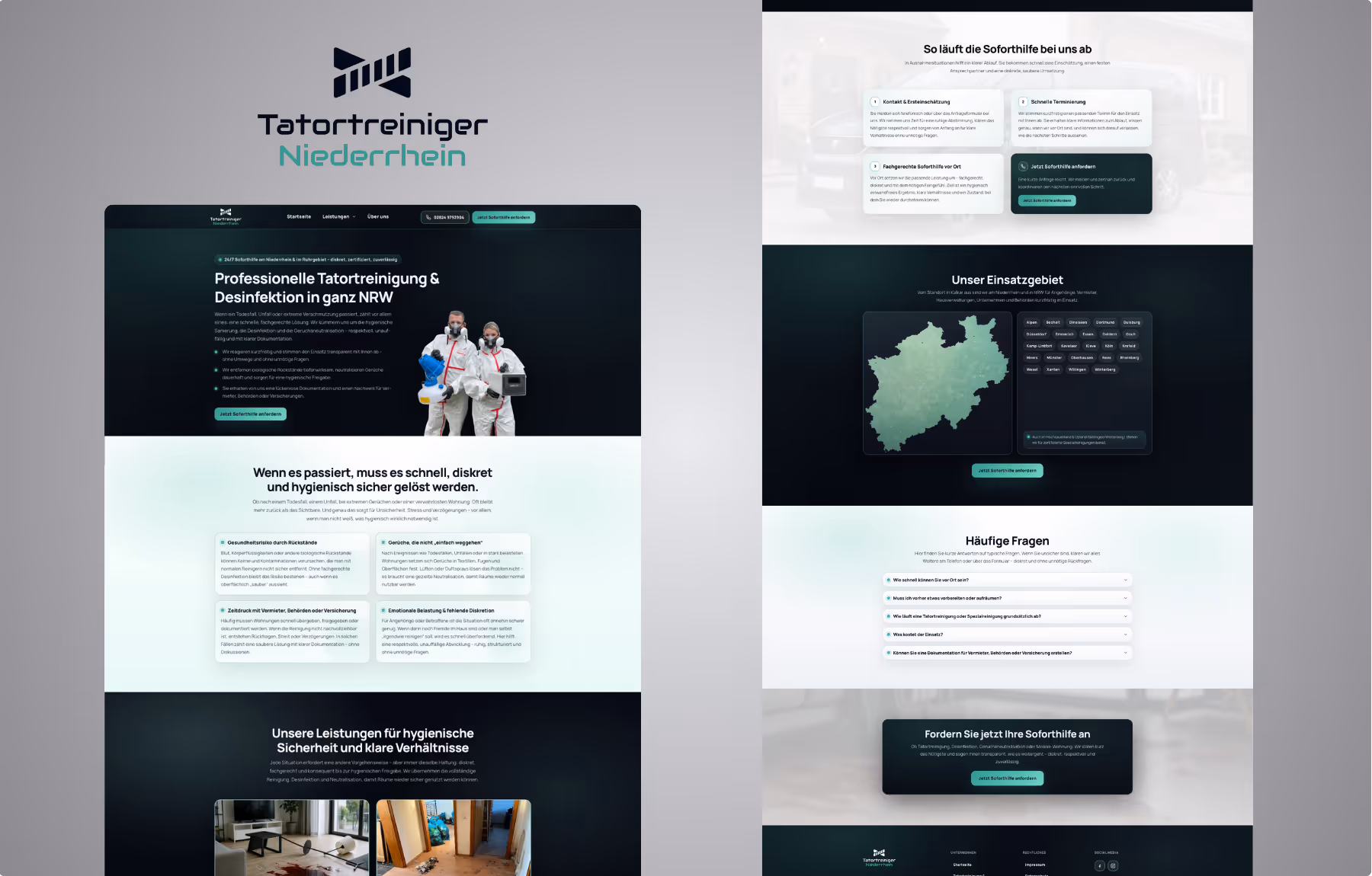 Screenshot der von Lars Thielen gestalteten Webseite f&uuml;r den Fachbetrieb Tatortreiniger Niederrhein f&uuml;r Tatortreinigung und Desinfektion in NRW