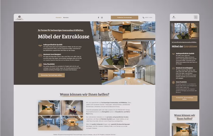 Screenshot der von Lars Thielen gestalteten Webseite f&uuml;r den M&ouml;bel- und Innenausbaubetrieb Giebels M&ouml;bel-Innenausbau, Ansicht aus dem Bereich &bdquo;Die Ausgangssituation&ldquo;