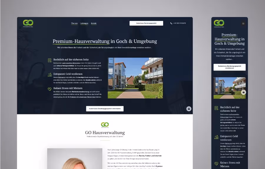 Screenshot der von Lars Thielen gestalteten Webseite f&uuml;r die GO Hausverwaltung f&uuml;r professionelle Immobilienverwaltung, Ansicht aus dem Bereich &bdquo;Das Ziel&ldquo;
