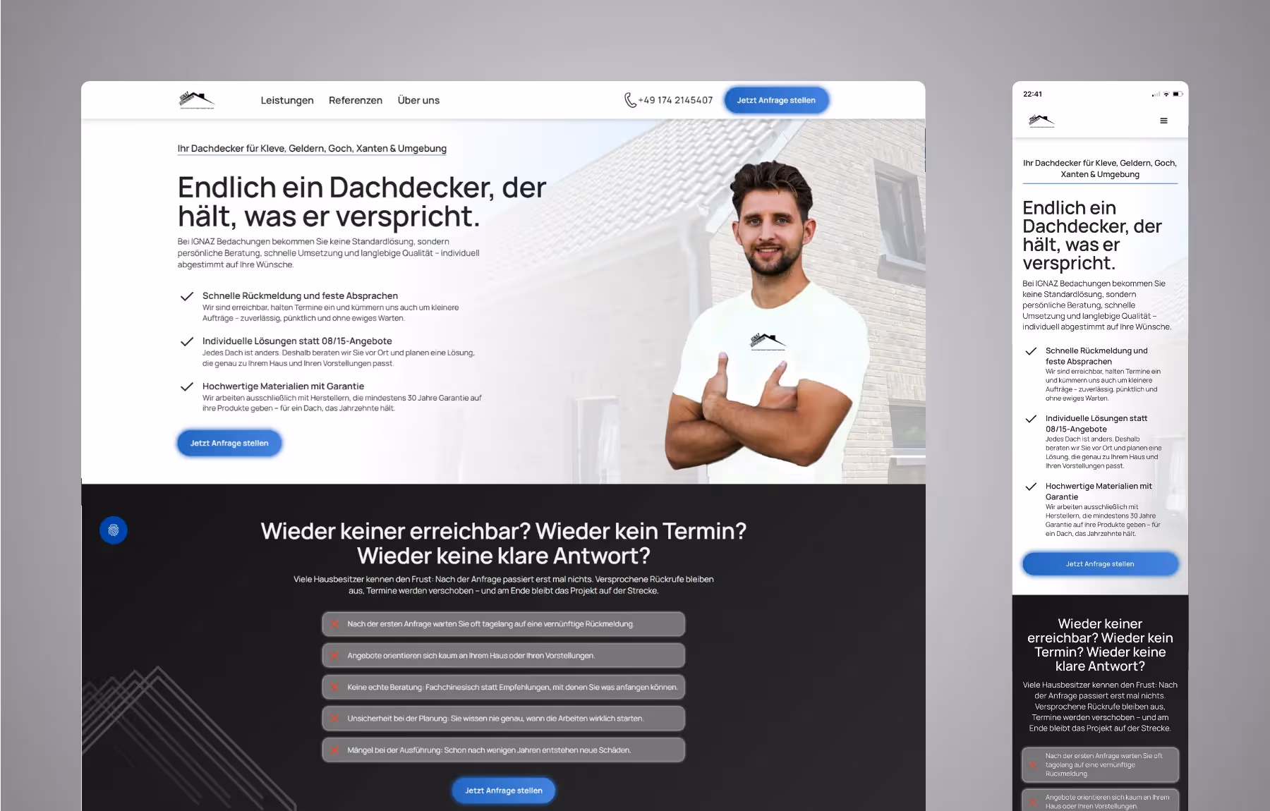 Screenshot der von Lars Thielen gestalteten Webseite f&uuml;r den Dachdeckerbetrieb IGNAZ Bedachungen, Ansicht aus dem Bereich &bdquo;Das Ziel&ldquo;