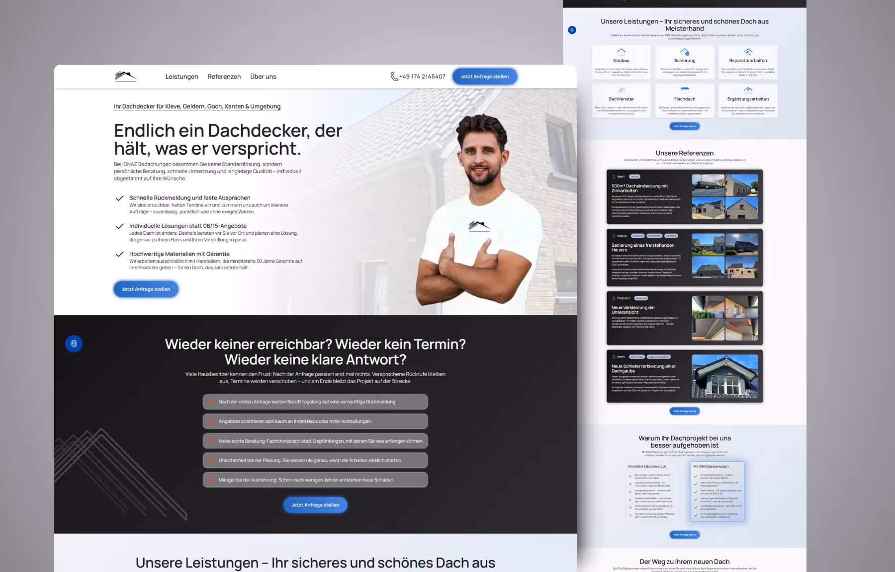 Screenshot der von Lars Thielen gestalteten Webseite f&uuml;r den Dachdeckerbetrieb IGNAZ Bedachungen