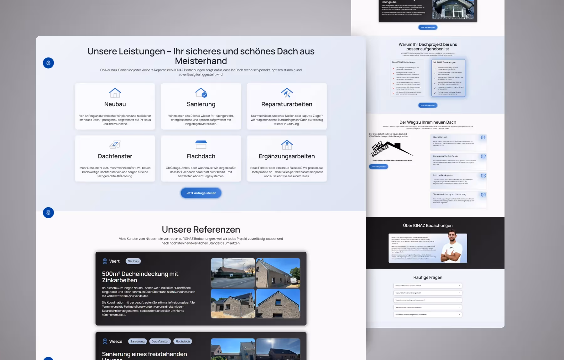 Screenshot der von Lars Thielen gestalteten Webseite f&uuml;r den Dachdeckerbetrieb IGNAZ Bedachungen, Ansicht aus dem Bereich &bdquo;Die Ausgangssituation&ldquo;