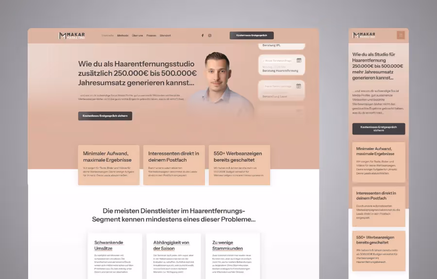 Screenshot der von Lars Thielen gestalteten Webseite f&uuml;r die Marketing-Agentur Makar Marketing, Ansicht aus dem Bereich &bdquo;Die Ausgangssituation&ldquo;