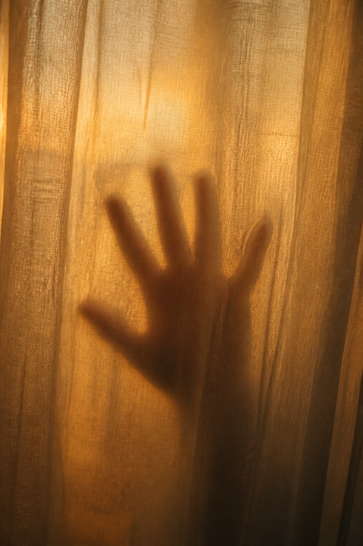 A hand pressed against a sunlit veil
