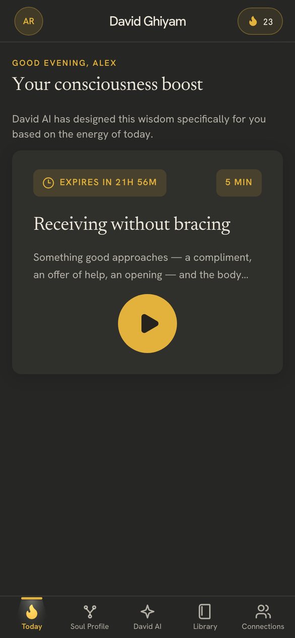 Today screen: your consciousness boost, a five-minute teaching titled Receiving without bracing