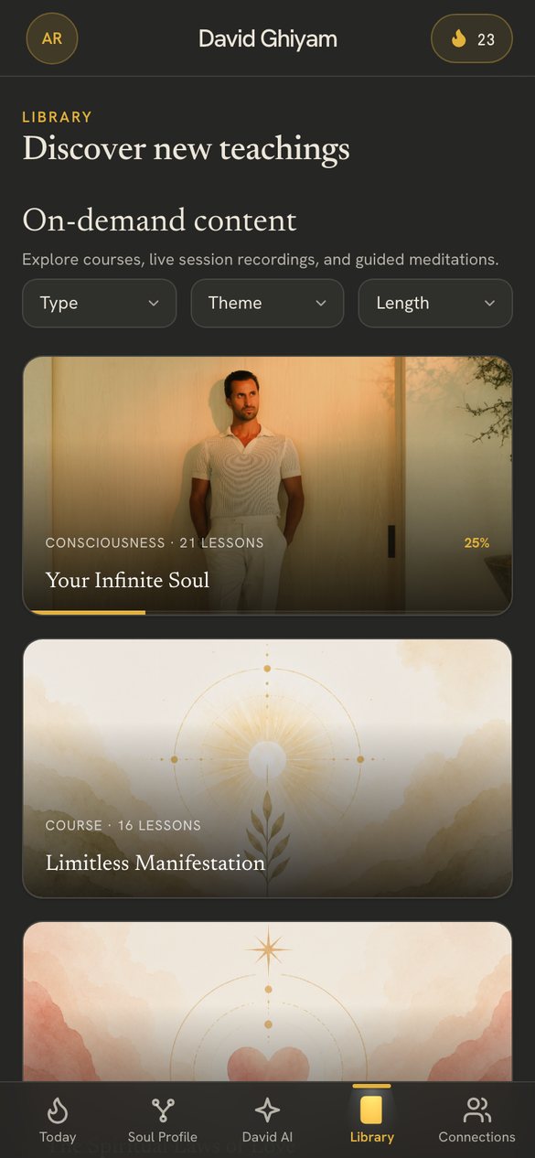Library screen: Discover new teachings, with Your Infinite Soul and Limitless Manifestation
