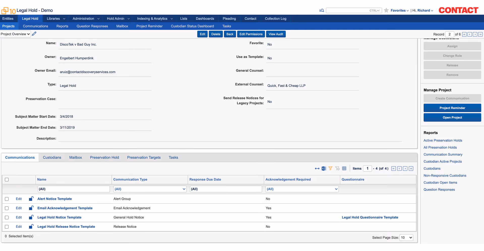 Legal hold software interface for monitoring custodian compliance