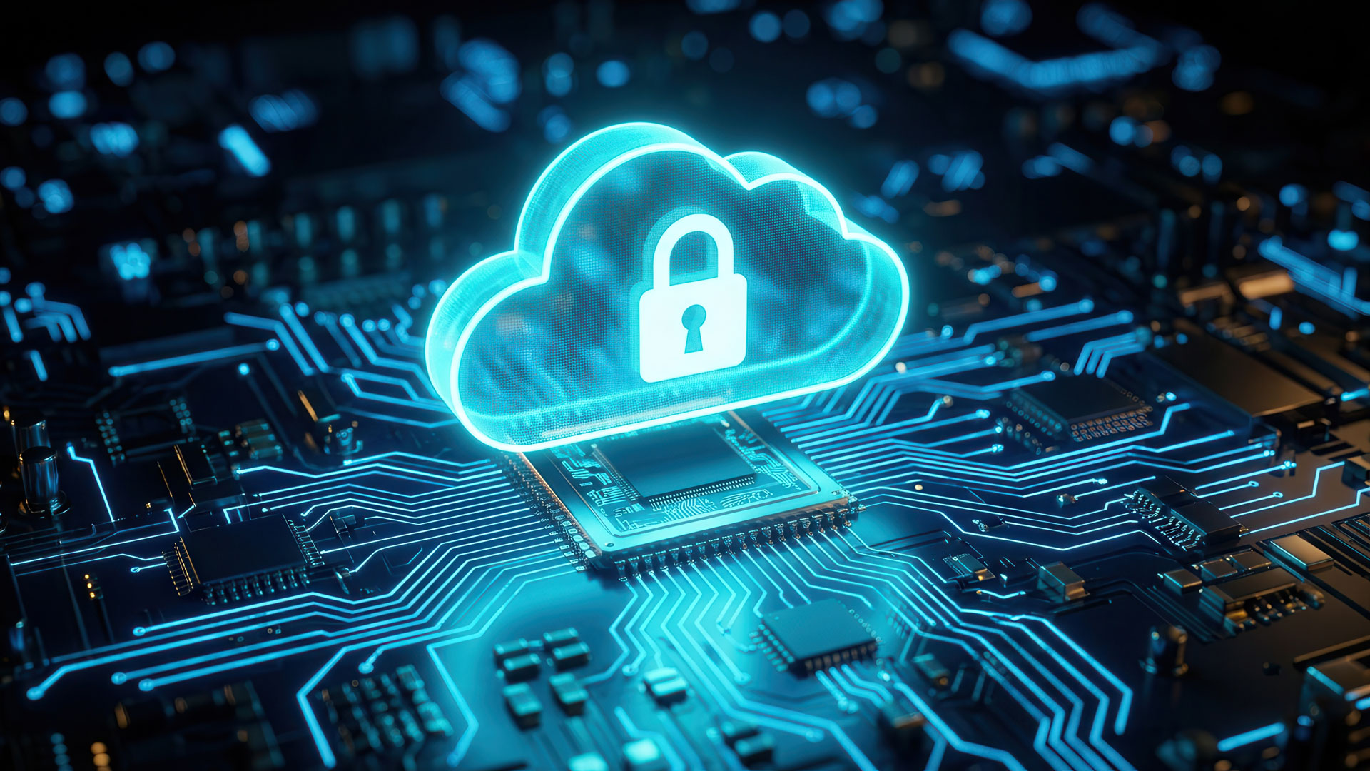 A transparent blue cloud shape with a lock icon hovering over a circuitboard