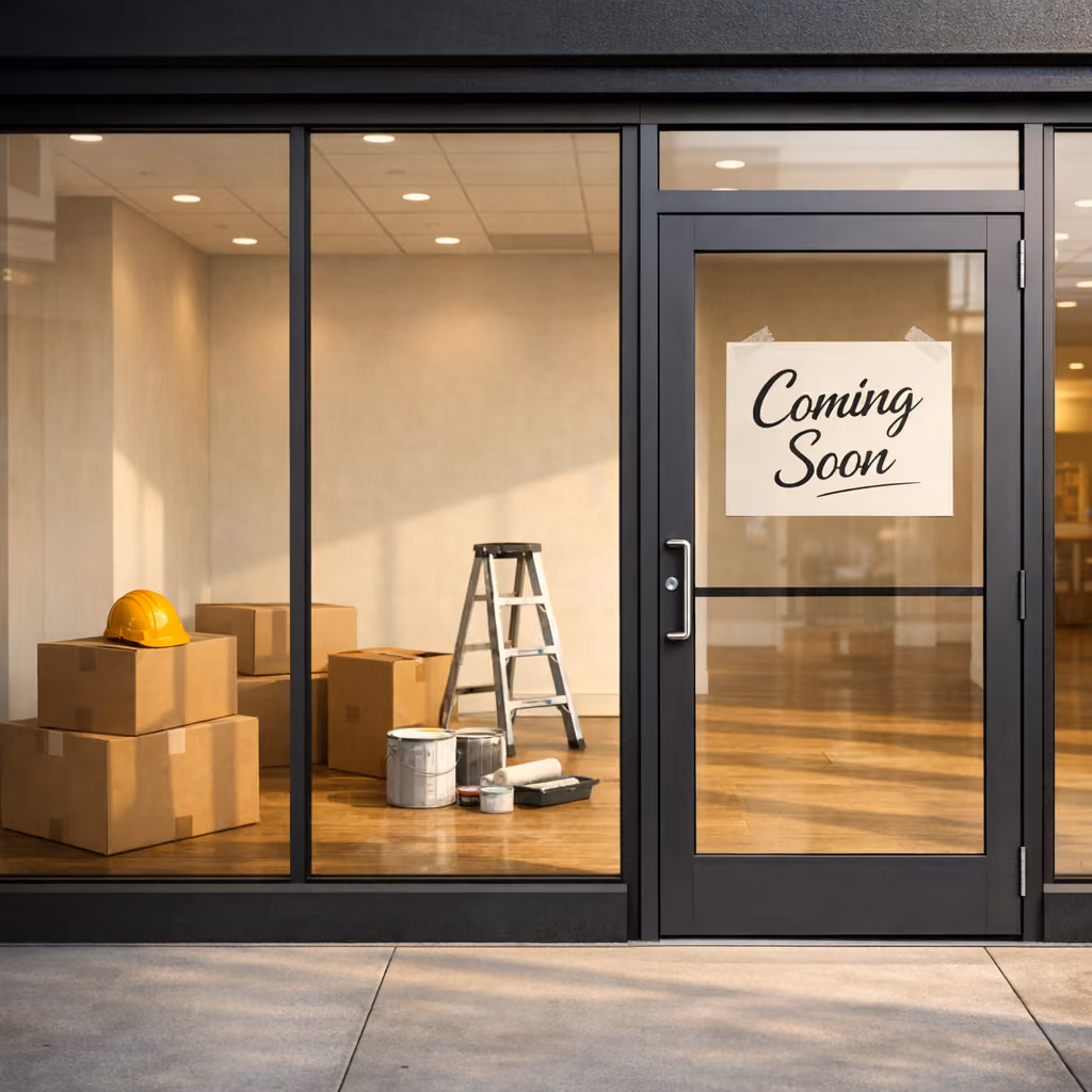An empty storefront with moving boxes, a hard hat, and a 'Coming Soon' sign, representing a brand-new business about to launch its first website.
