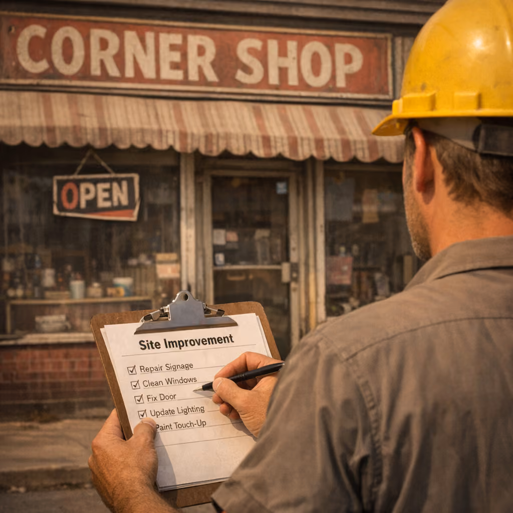 A worker in a hard hat reviewing a site improvement checklist outside a dated 'Corner Shop' storefront, representing an existing website that needs fixing.
