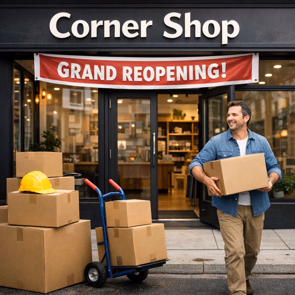 A smiling business owner carrying boxes past a 'Corner Shop' storefront with a Grand Reopening banner, representing a website migration and relaunch.