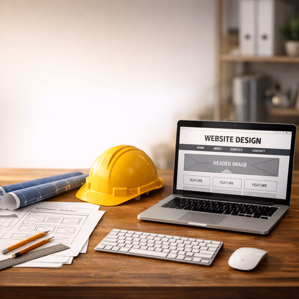 A desk with website wireframe sketches and a laptop showing a website header layout, representing the UX design and content strategy phase.