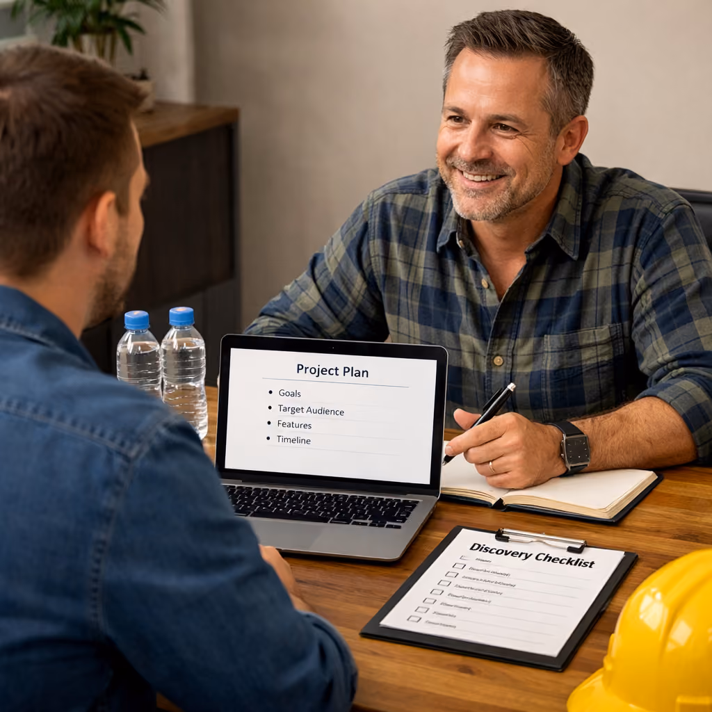 Two people reviewing a website project plan and discovery checklist on a laptop during a discovery meeting.