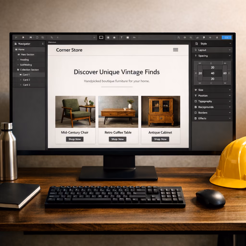A monitor showing the Webflow Designer building an example e-commerce website called Corner Store, representing the development phase.