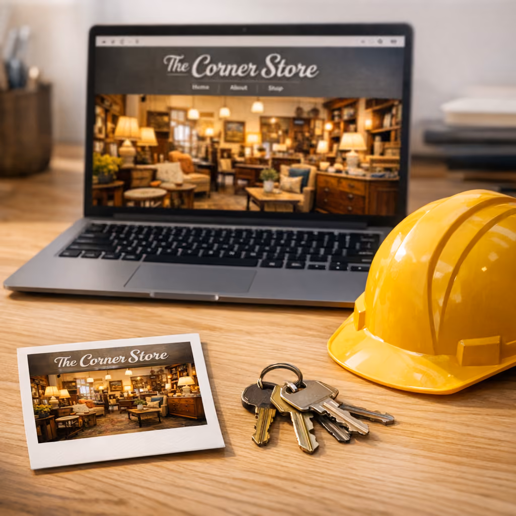 A laptop and printed photo of the finished 'The Corner Store' website next to a set of keys, representing website launch and training.