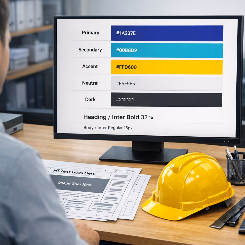 A monitor displaying a brand style guide with primary, secondary, and accent colors and typography choices, representing the visual design phase.