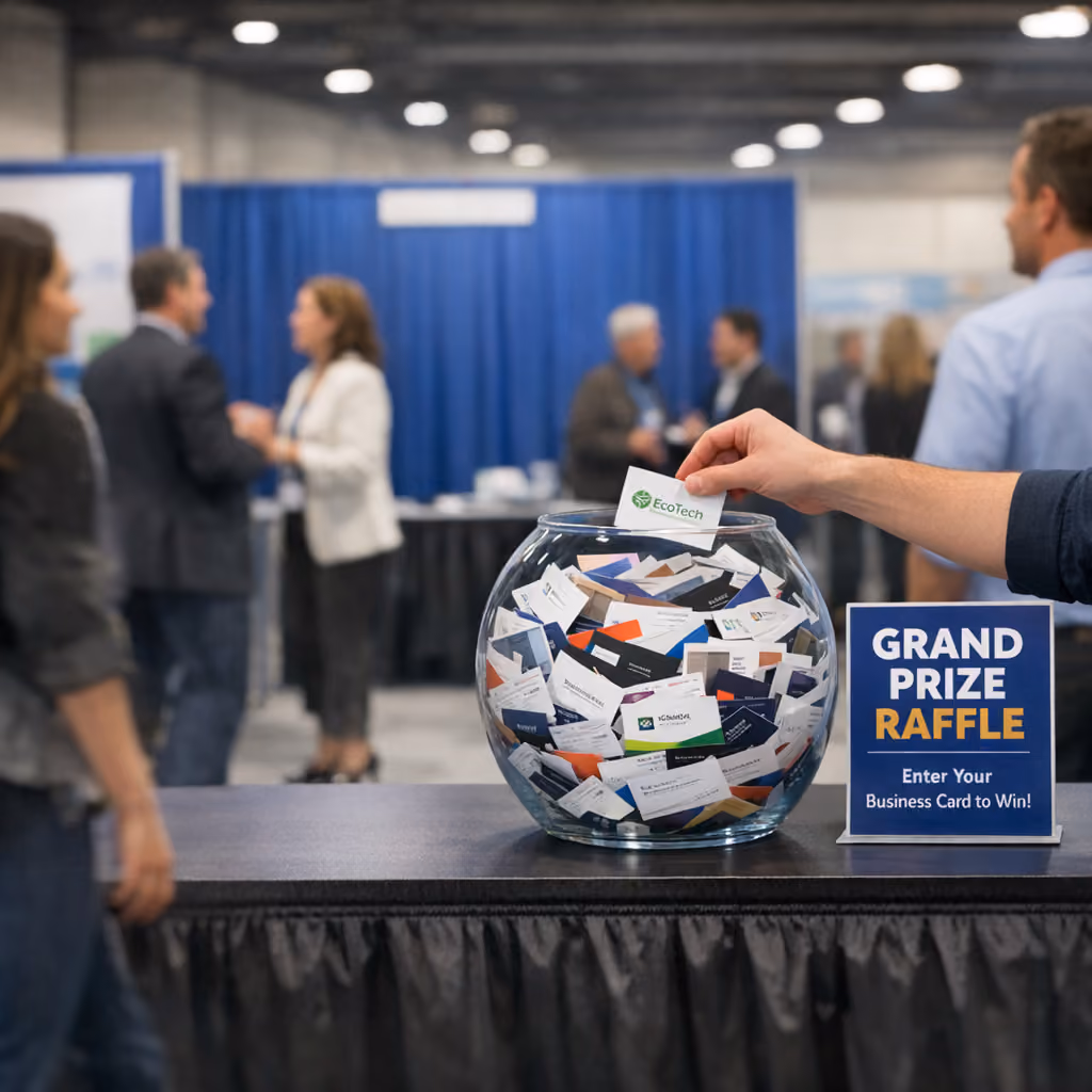 A glass fishbowl overflowing with business cards next to a 'Grand Prize Raffle' sign at a trade show, illustrating how easily a business — or a website — gets lost among competitors.