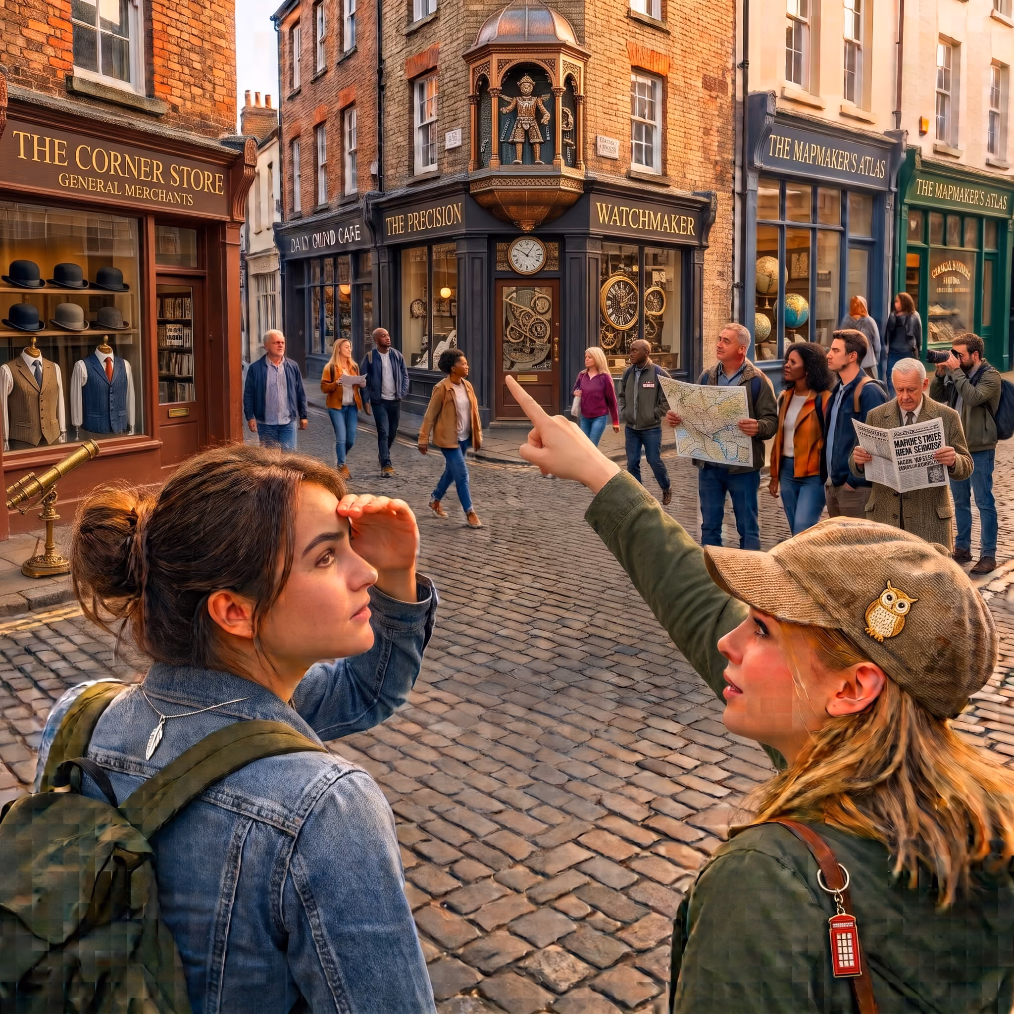 Two women in a historic shopping district looking at storefronts and pointing toward 'The Corner Store,' representing customers discovering a local business.