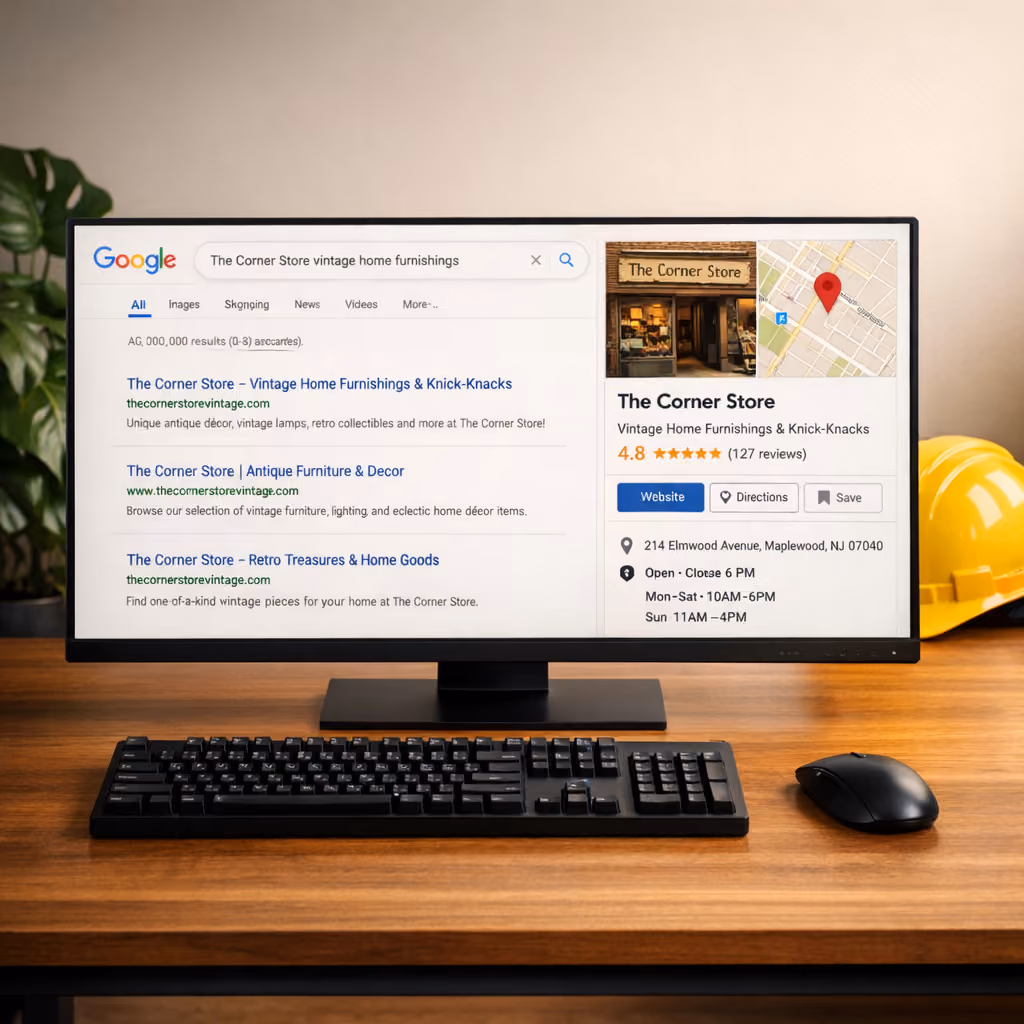 A Google search results page showing 'The Corner Store' business listing with star ratings, reviews, hours, and map location — an example Google Business Profile listing.