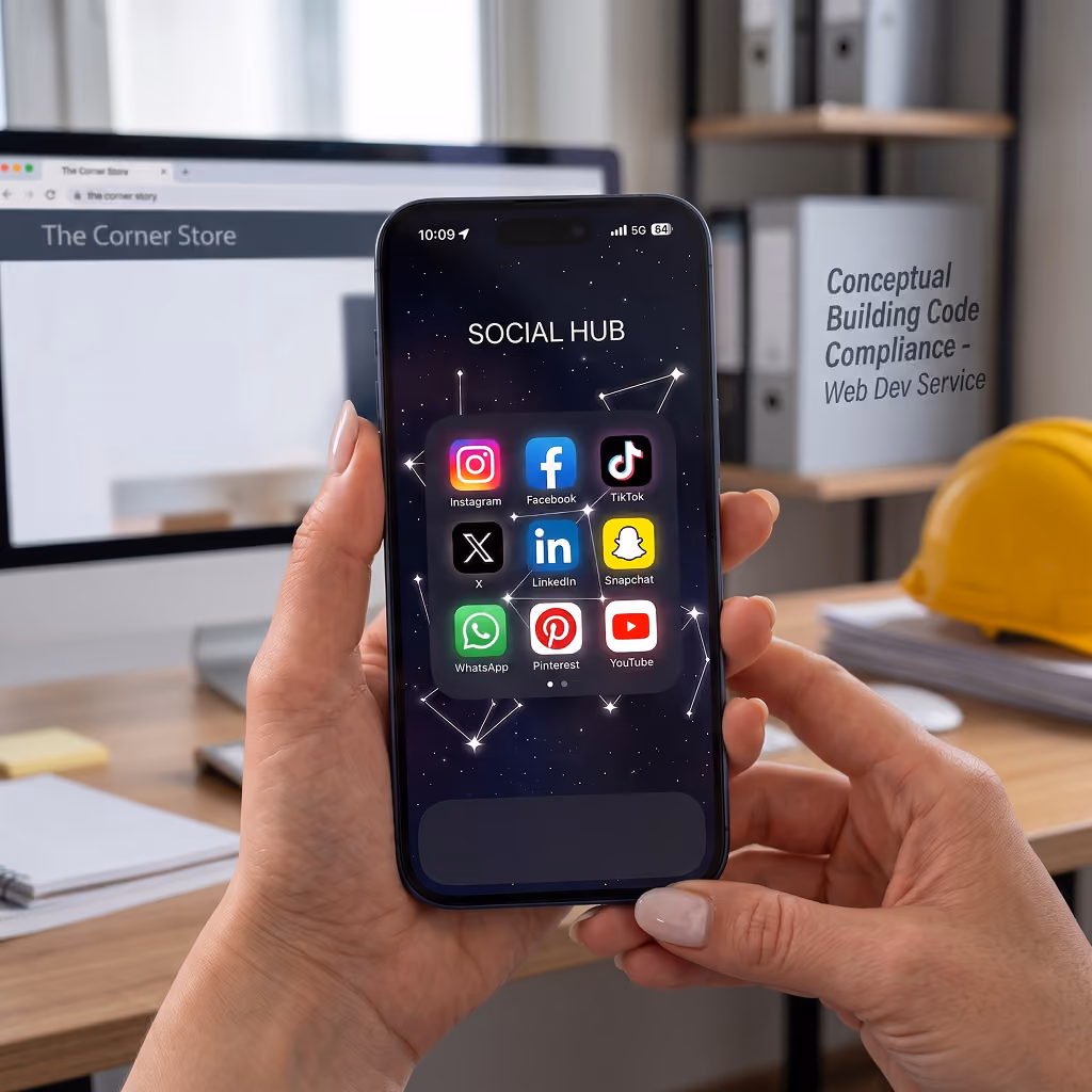 A hand holding a phone displaying a 'Social Hub' grid of social media app icons including Instagram, Facebook, TikTok, and LinkedIn.