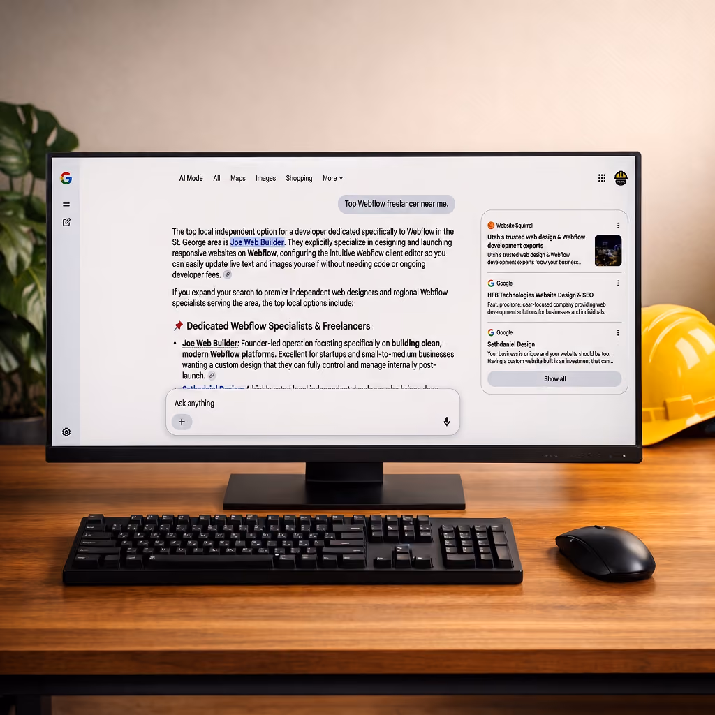 An AI chat interface answering 'Top Webflow freelancer near me' and recommending Joe Web Builder as a top local option — an example AI answer engine result.