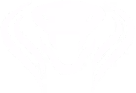 White abstract emblem resembling a cobra head with fanned hood on a black background.