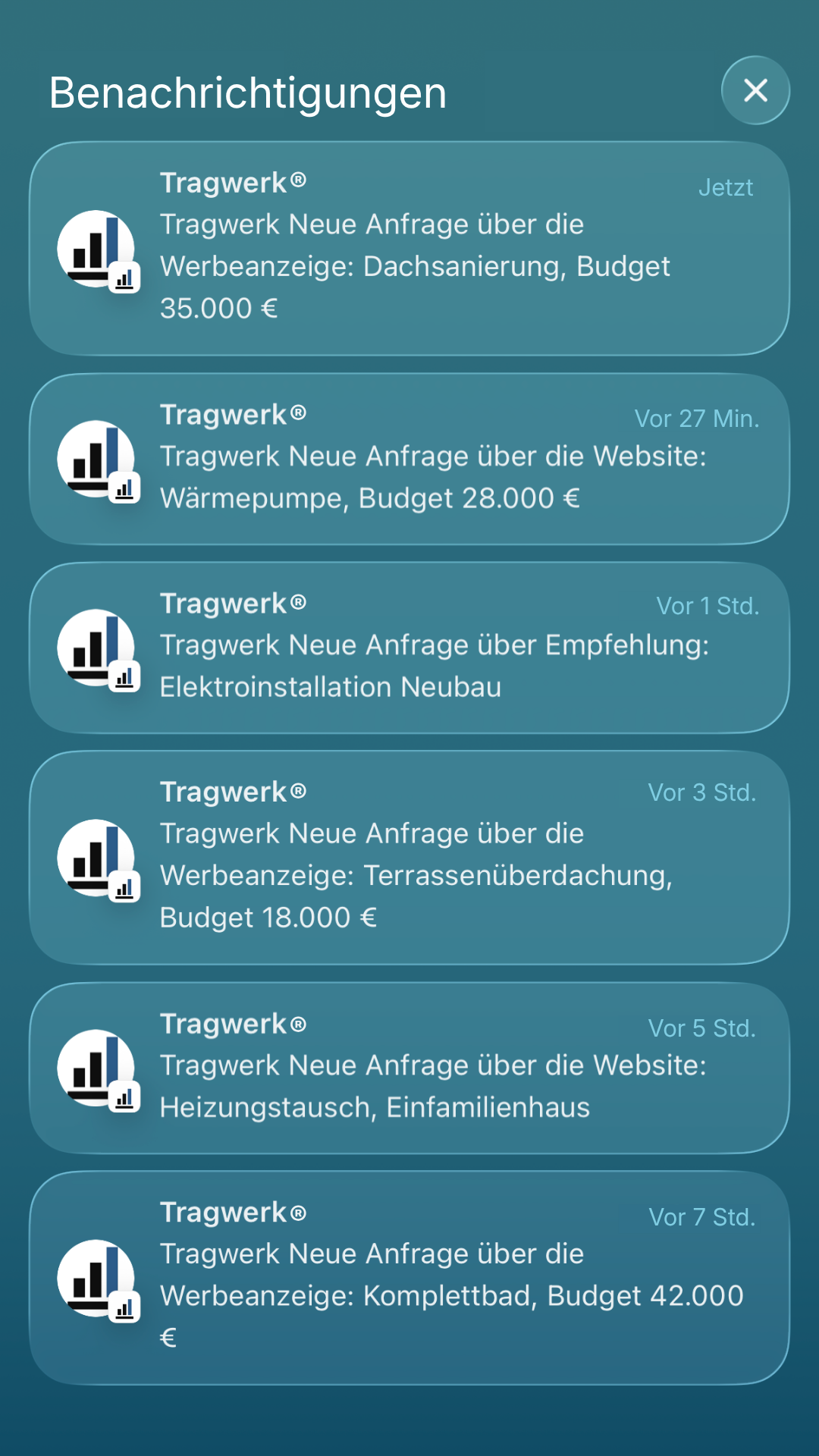 Benachrichtigungen von Tragwerk über neue Anfragen zu Bauprojekten mit Budgets zwischen 18.000 und 42.000 Euro.