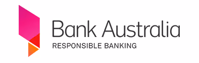 Bank Australia logo with pink and orange geometric shape and text 'Bank Australia Responsible Banking'.