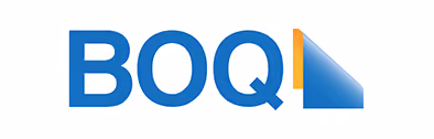 BOQ text logo with a blue-to-orange folded page design on the letter Q.